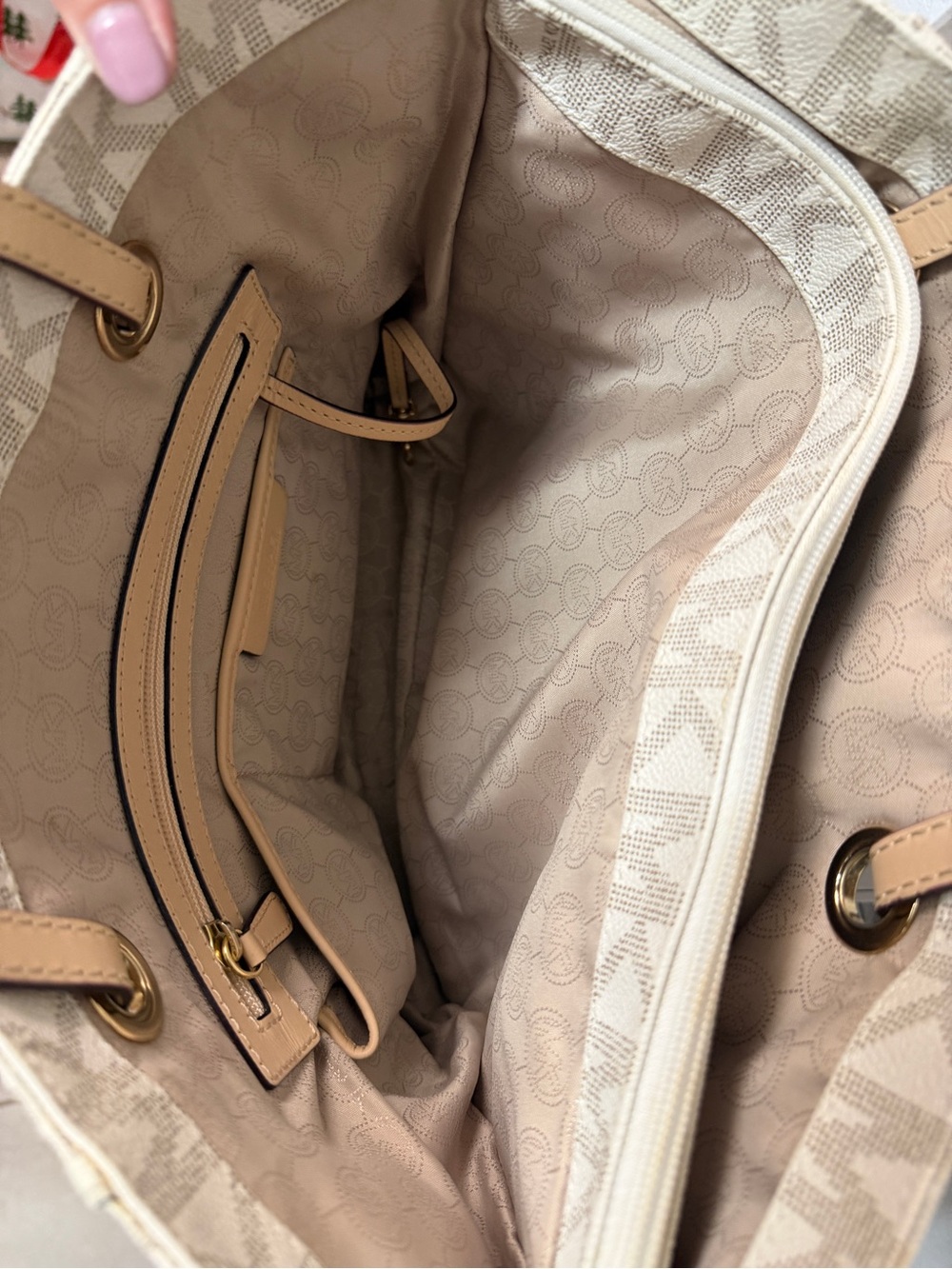 Michael Kors Beige MK Signature Tote with Tan Leather Handles - Picture 4 of 7